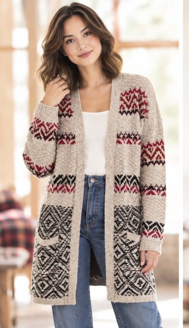 MAURICES Sweater Neutral Cardigan Chunky Open Knit Wool Blend Aztec Casual MED